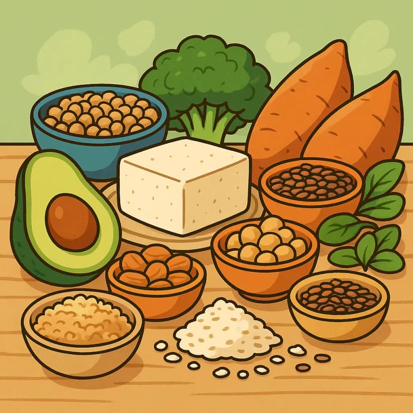 A variety of vegan foods rich in protein and carbohydrates for athlete nutrition